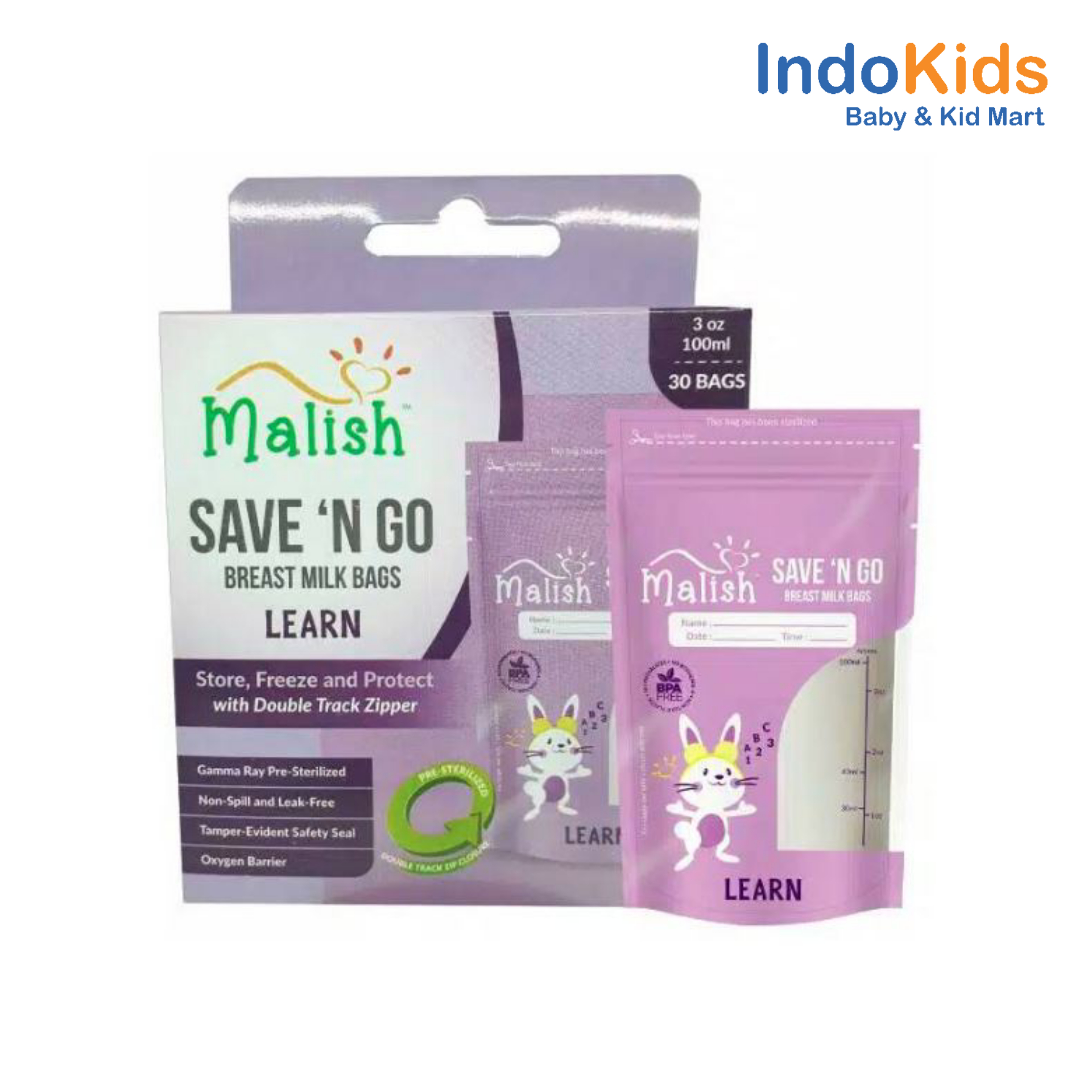Malish Save `N Go Breast Milk Bags Learn (Ungu) 100ml