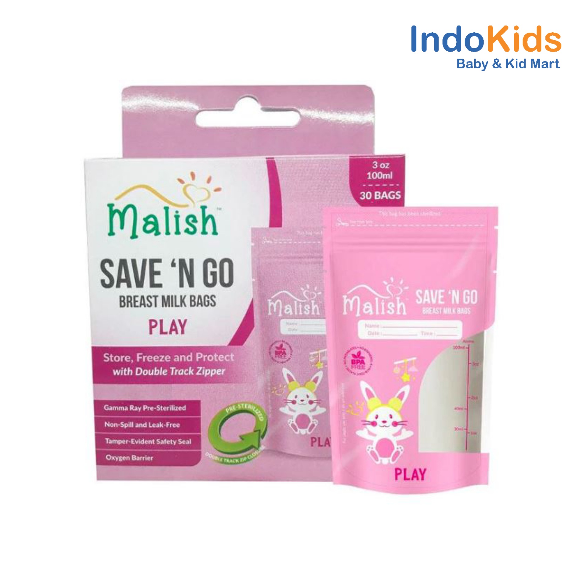 Malish Save `N Go Breast Milk Bags Play (Pink) 100ml